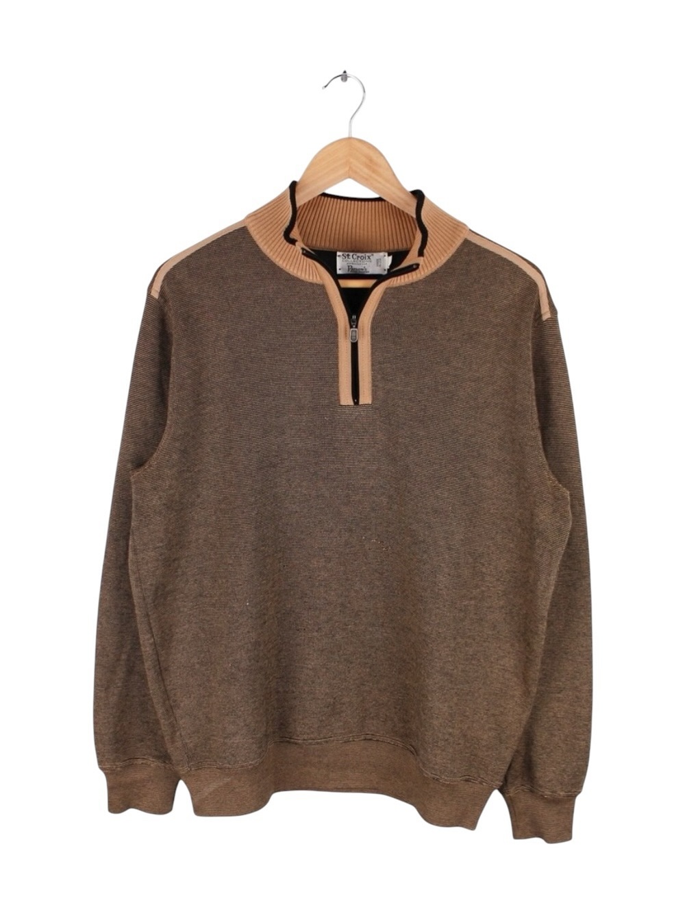 Vintage St.‎ Croix Mens Quarter Zip Knit Sweater Brown Tan Mock Neck Size Large